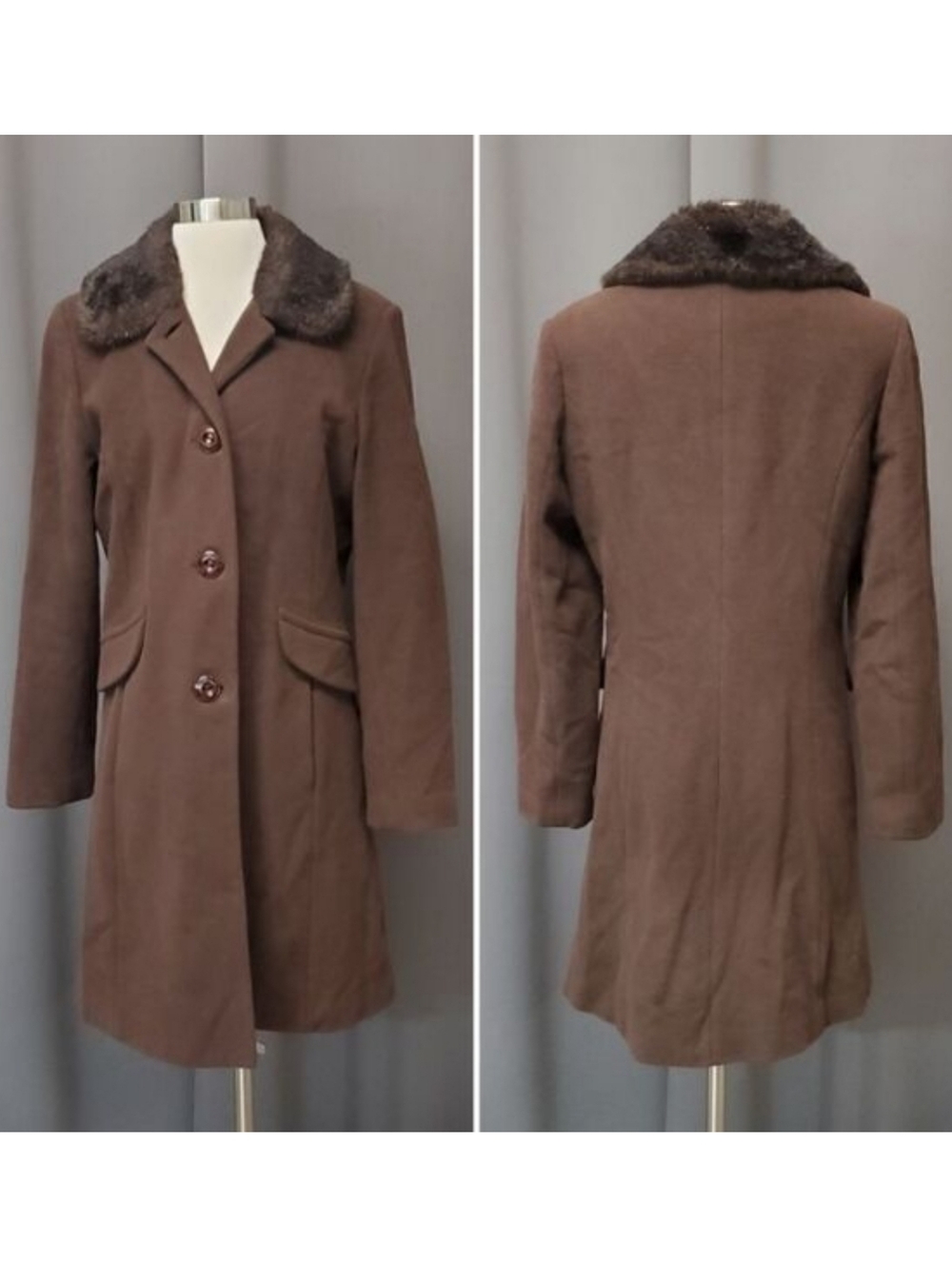 Vintage 90s y2k Esprit Chocolate‎ Brown Wool Blend Faux Fur Midi Trench Coat Md